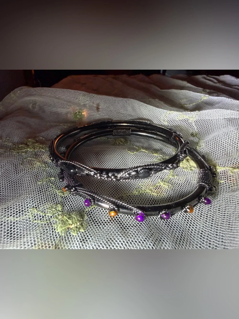 Vintage Gothic Twisted Metal and Jeweled Bangle Bracelet set